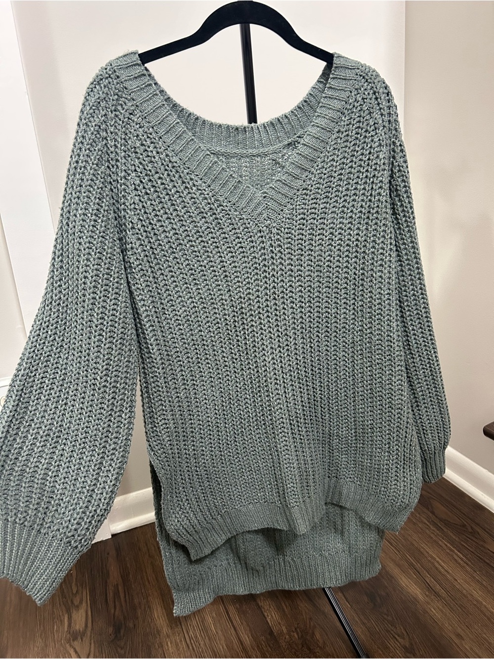 SHEIN Sage Green V-Neck Chunky Knit Sweater